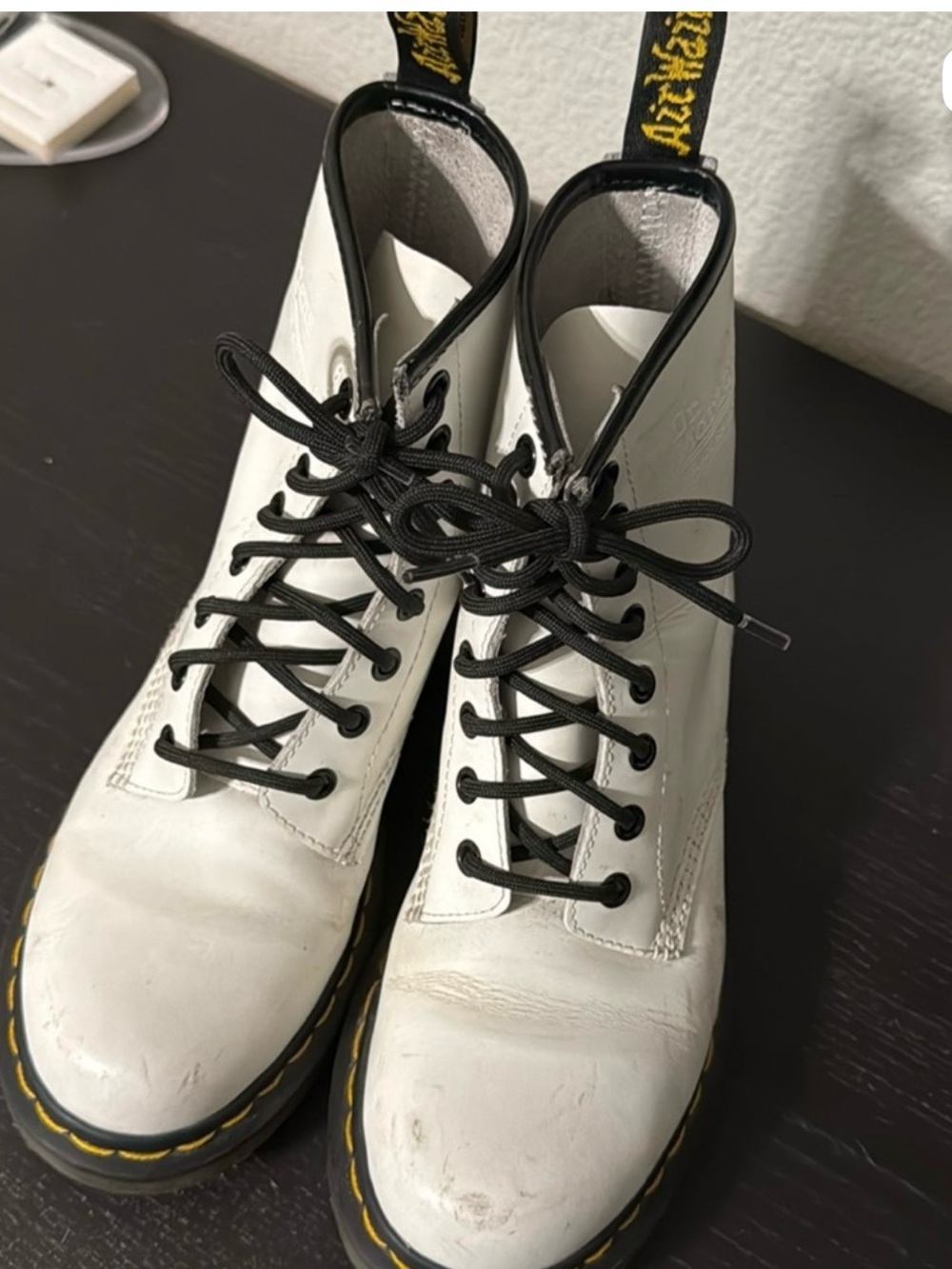Dr. Martens White Leather Lace-Up Combat Boots with Black Trim